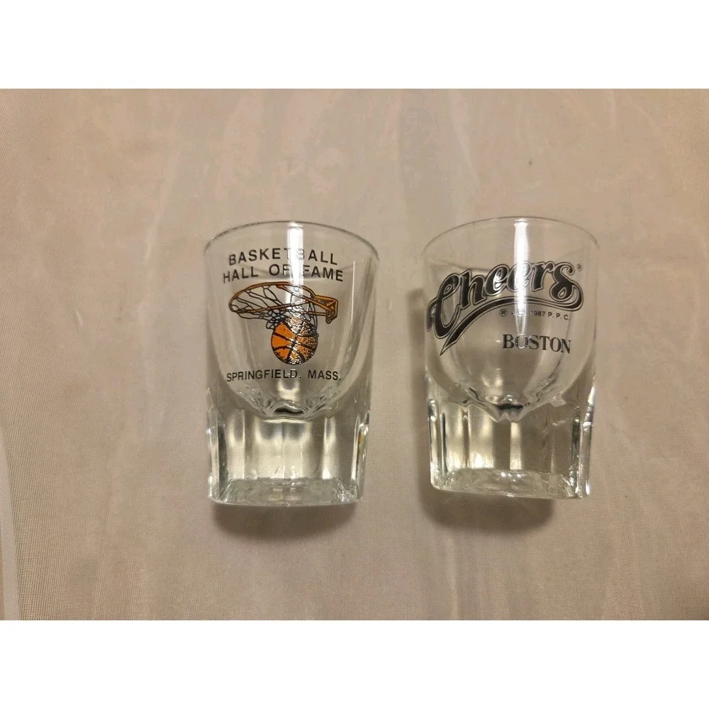 3in Heavy Base Vtg Cheers Boston 1987 & Basketball Hall‎ of Fame Shot Glasses